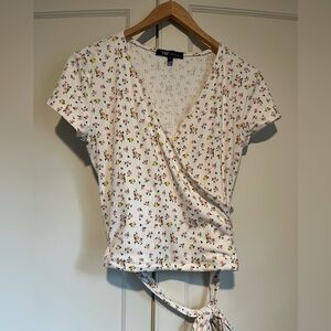 YMI Floral Faux Wrapped Ribbed Short Sleeve Top